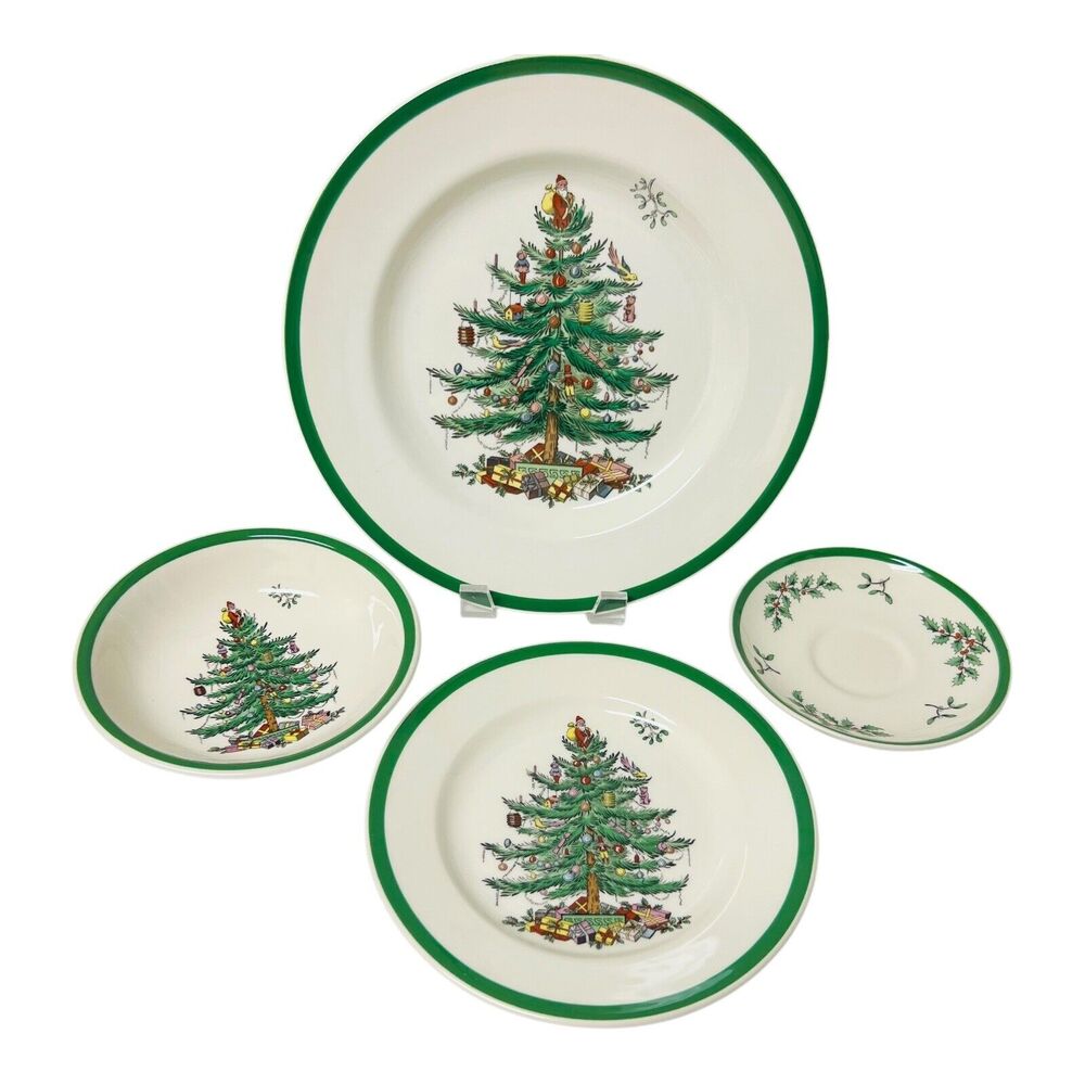 Spode Christmas Tree Santa 4 Pc Set Dinner Plate Saucer‎ Salad Bowl NO MUG Box